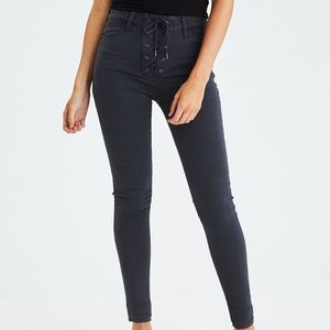 AE Black Lace Up High Rise Skinny Jeans Sz 4 Short